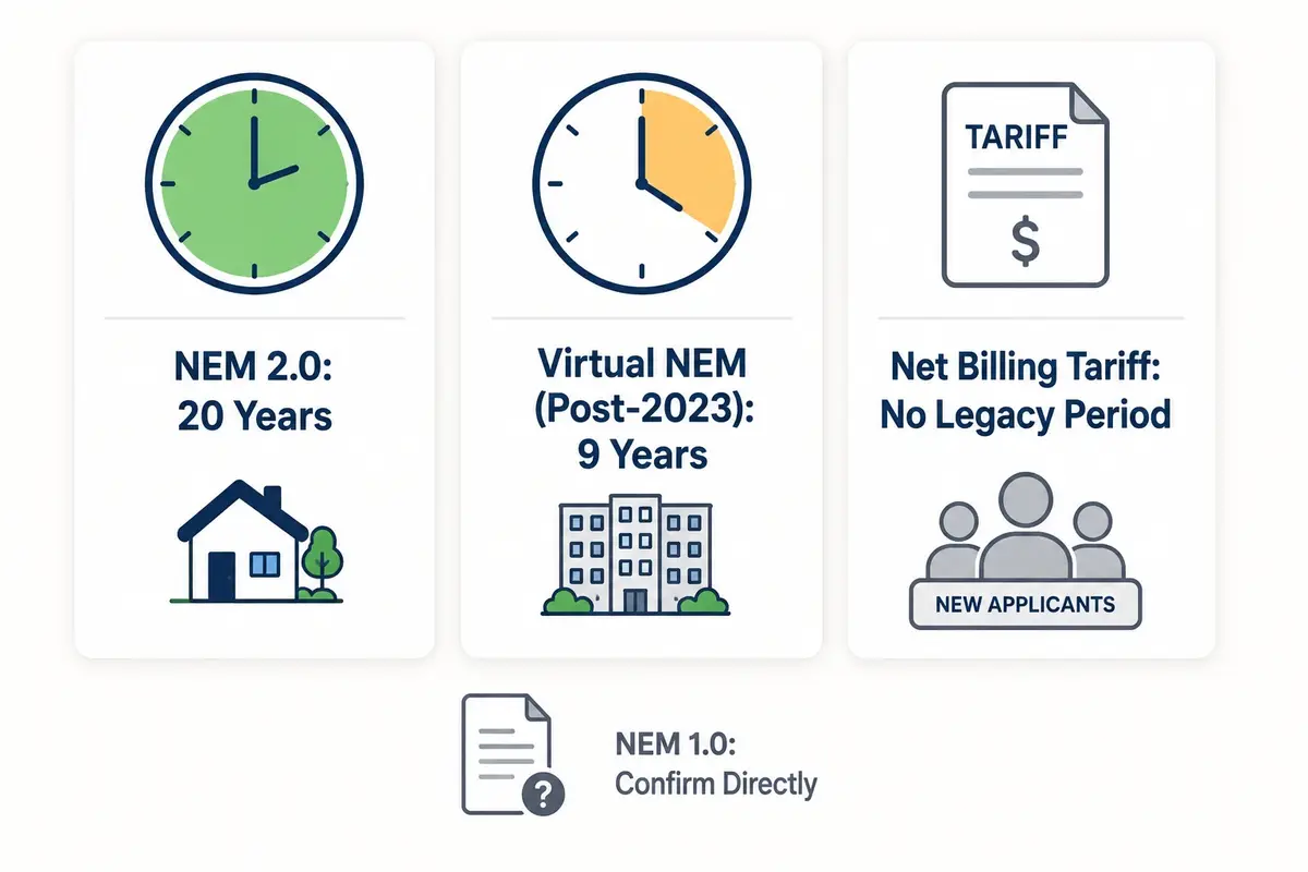 Infographic comparing three California NEM legacy periods: 20 years for NEM 2.0, 9 years for virtual NEM, and none for the net billing tariff