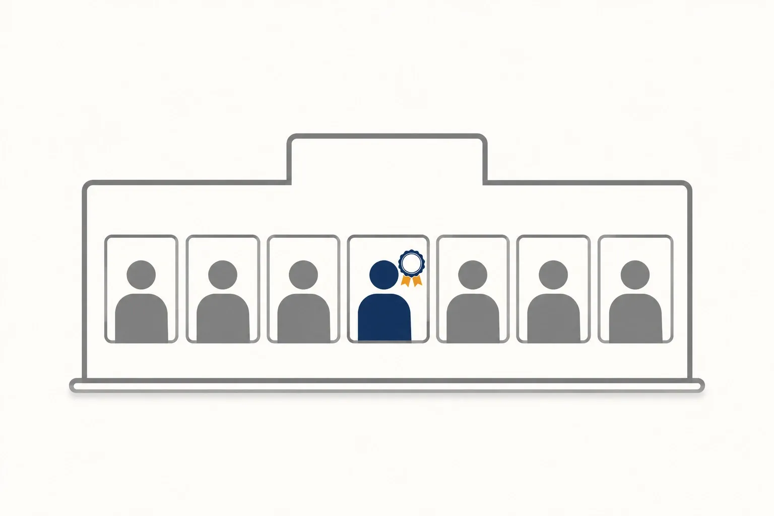Flat icon graphic of one badge-holding employee highlighted among identical coworkers inside an unbadged office building, showing certification is personal, not corporate