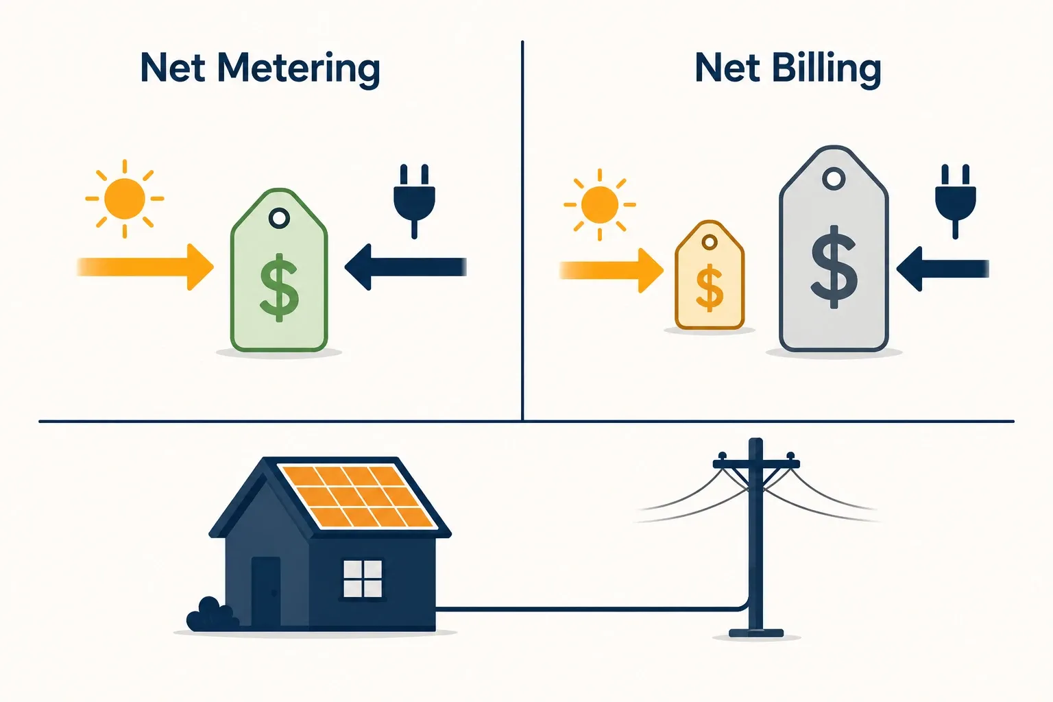 A infographic comparing net metering vs net billing