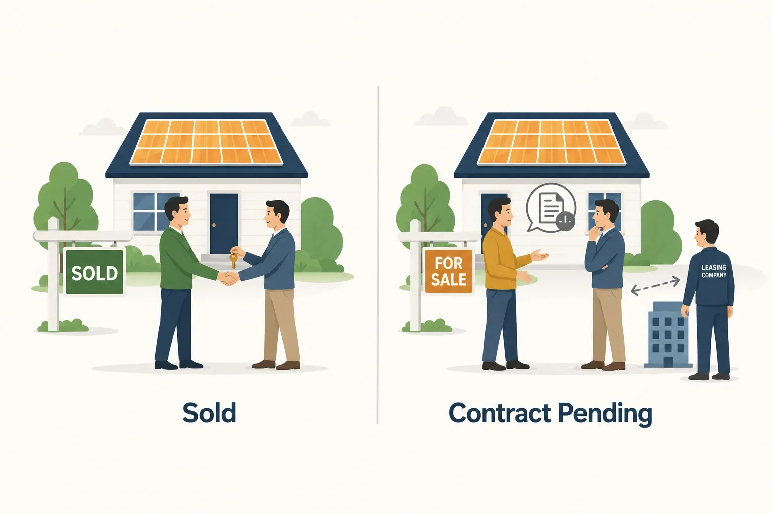 Comparison graphic of owned versus leased or PPA solar systems at home resale, showing ownership transfer versus contract transfer