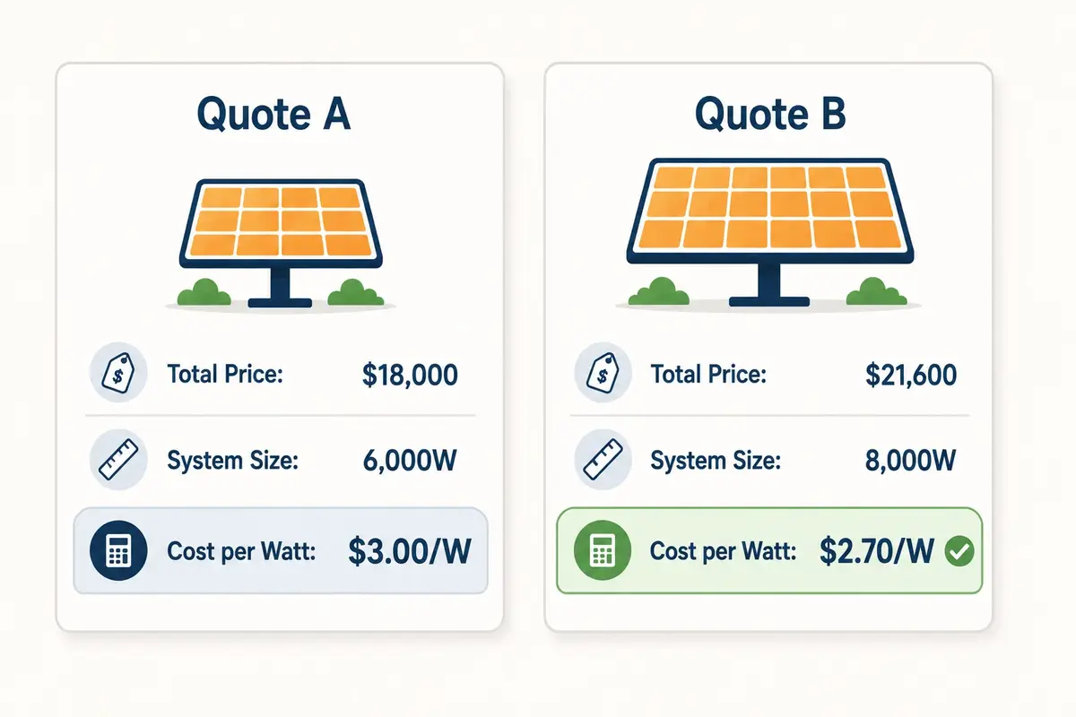 Worked example comparing two solar quotes, Quote A at $3.00 per watt and Quote B at $2.70 per watt, showing how cost per watt reveals the better rate