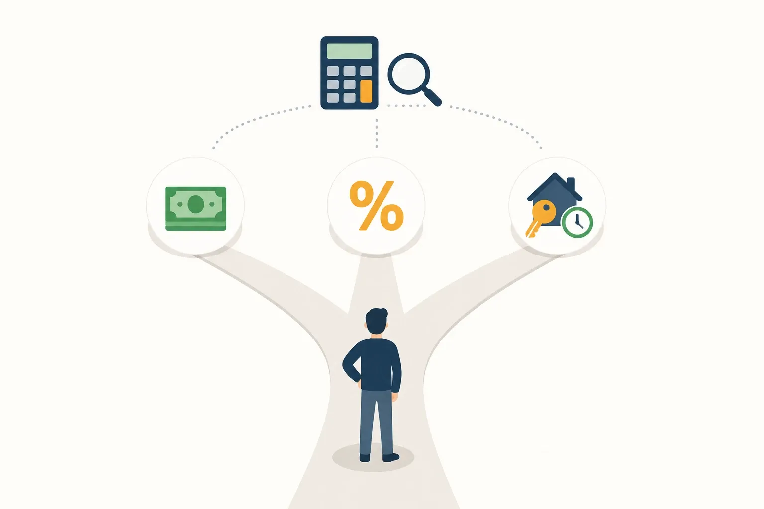 Illustration of a homeowner comparing solar financing options including cash purchase, loan, and lease