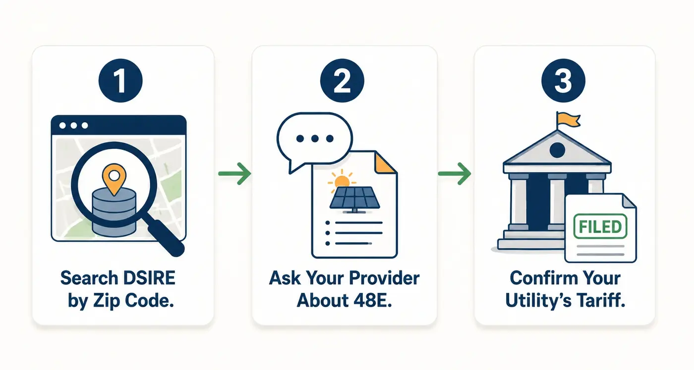 infographic showing three actions to verify solar incentives: search DSIRE, ask your provider about 48E, and confirm your utility tariff