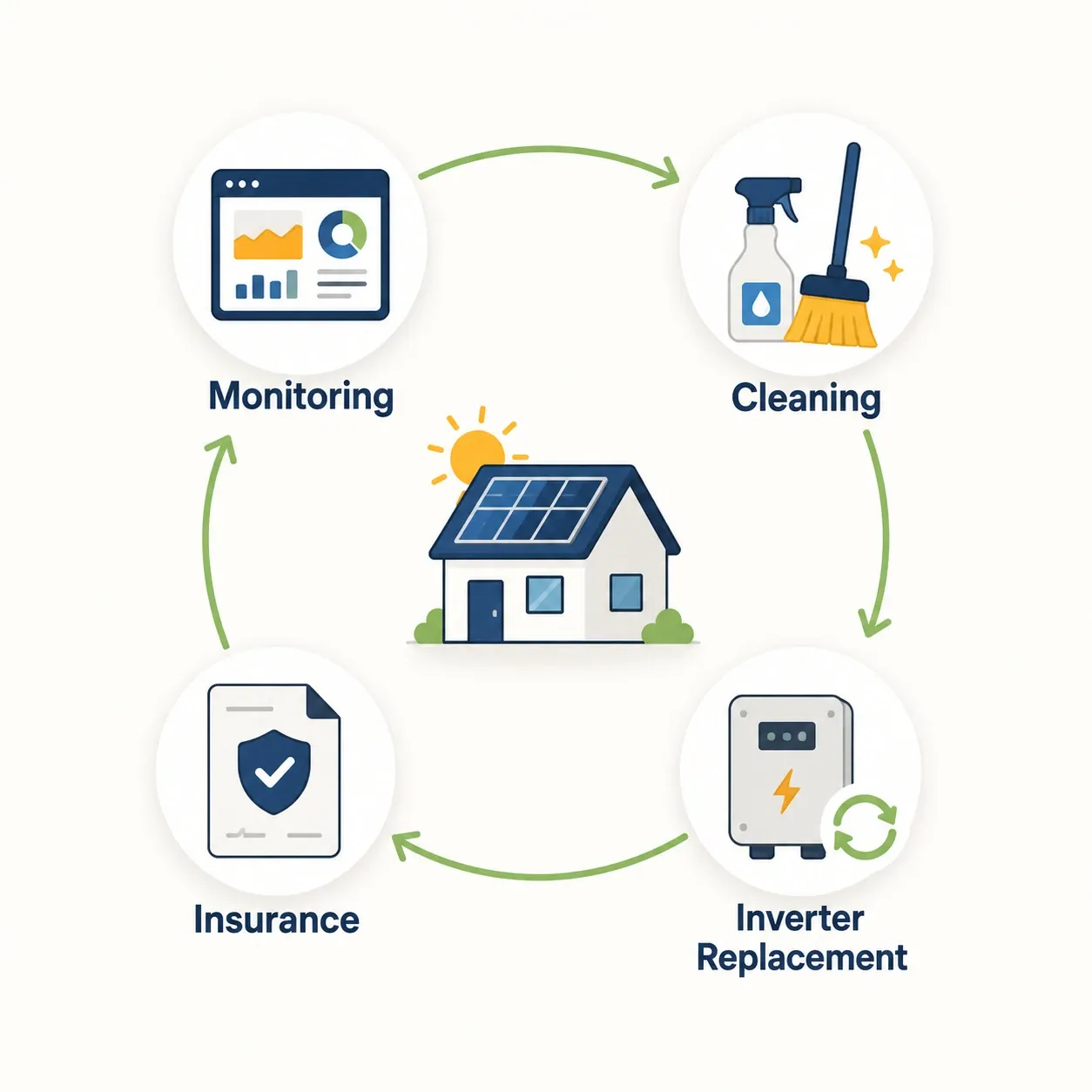 Infographic showing four recurring solar system costs after activation: monitoring, cleaning, inverter replacement, and insurance