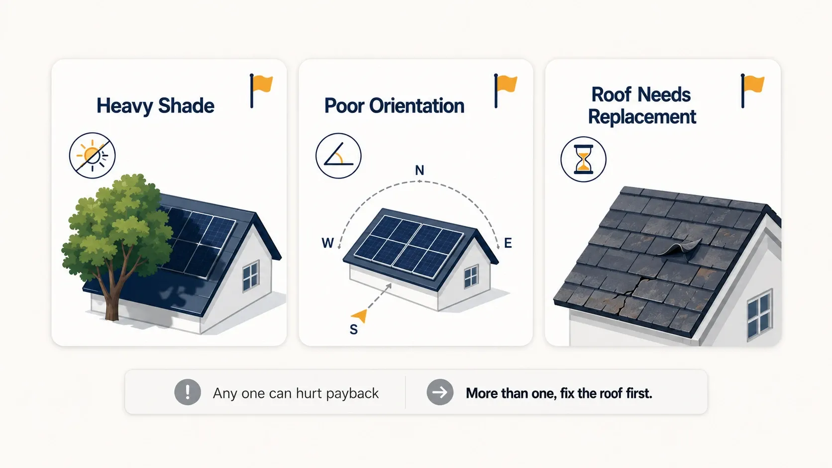 Infographic showing three roof conditions that hurt solar payback: heavy shade, poor orientation, and a roof needing replacement soon