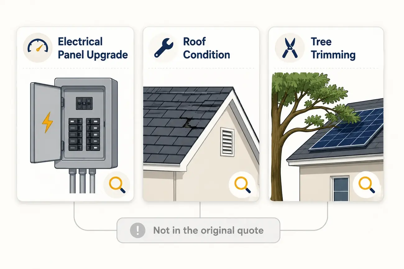 Infographic showing three hidden solar site-visit findings: electrical panel upgrades, roof condition issues, and tree trimming needs