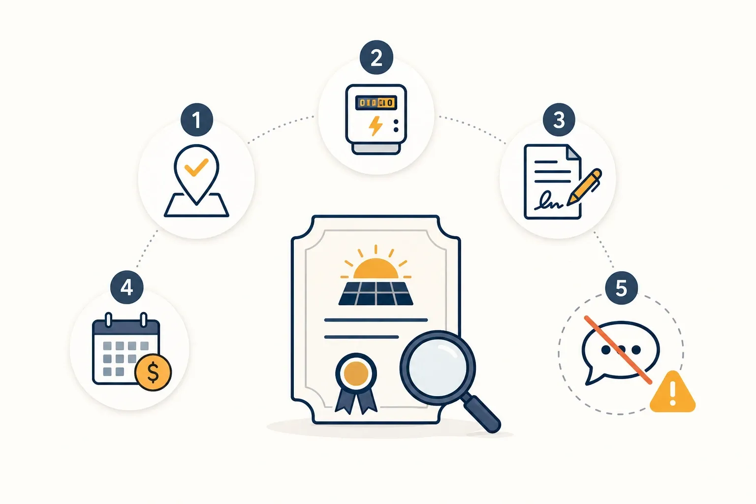 infographic showing five checks before counting on SREC income: market eligibility, qualification, ownership, payment schedule, and pricing