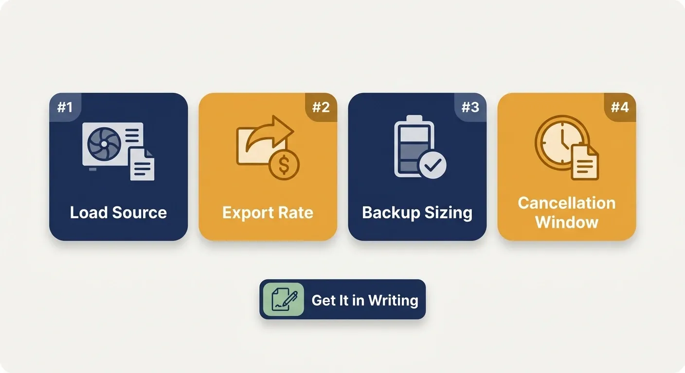 Infographic showing four numbers to confirm before signing a solar contract for a heat pump home, covering load source, export rate, backup sizing, and cancellation window.