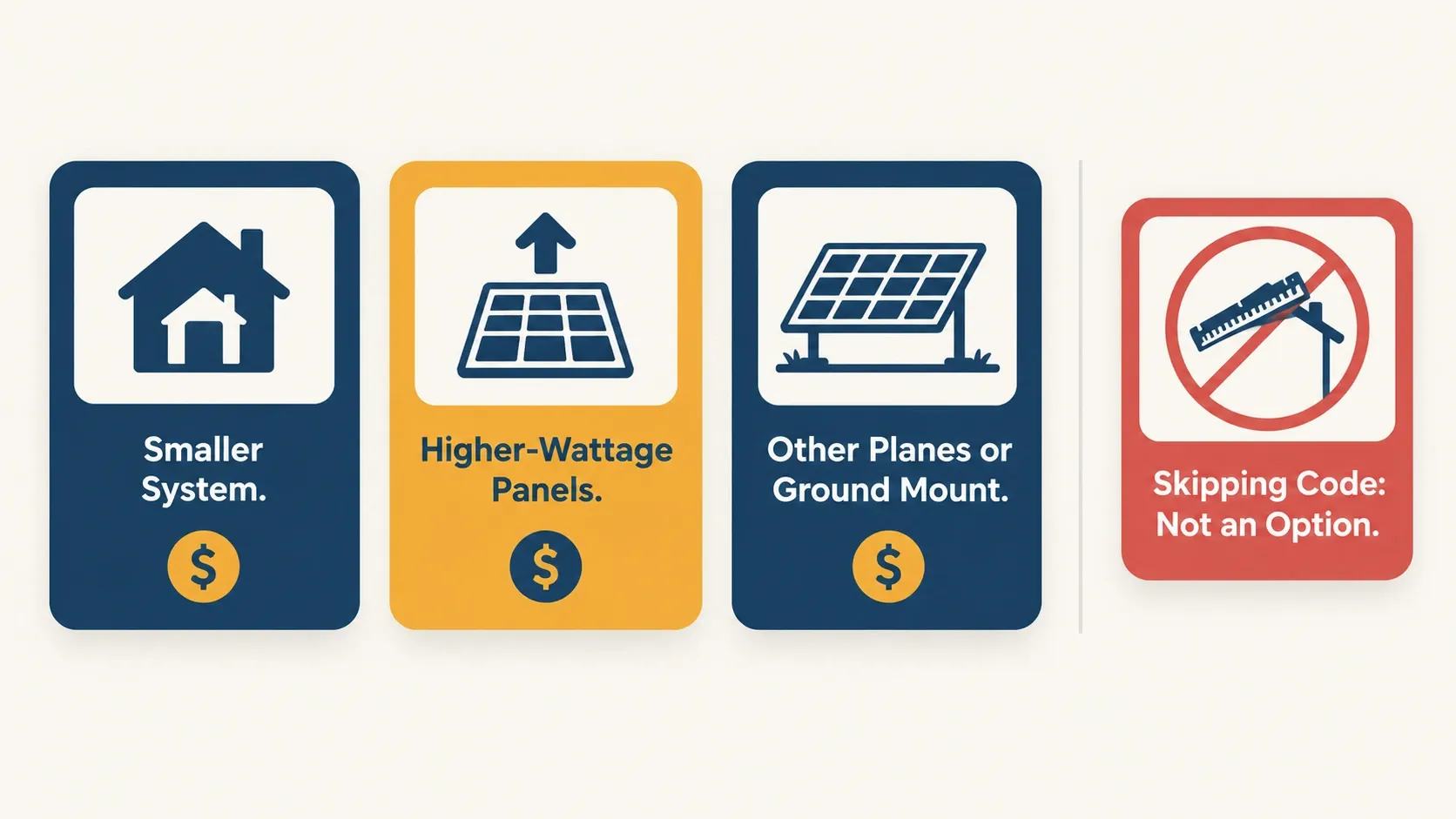 Infographic showing three options when a quoted solar system does not fit a roof, a smaller system, higher-wattage panels, or other planes or ground mount