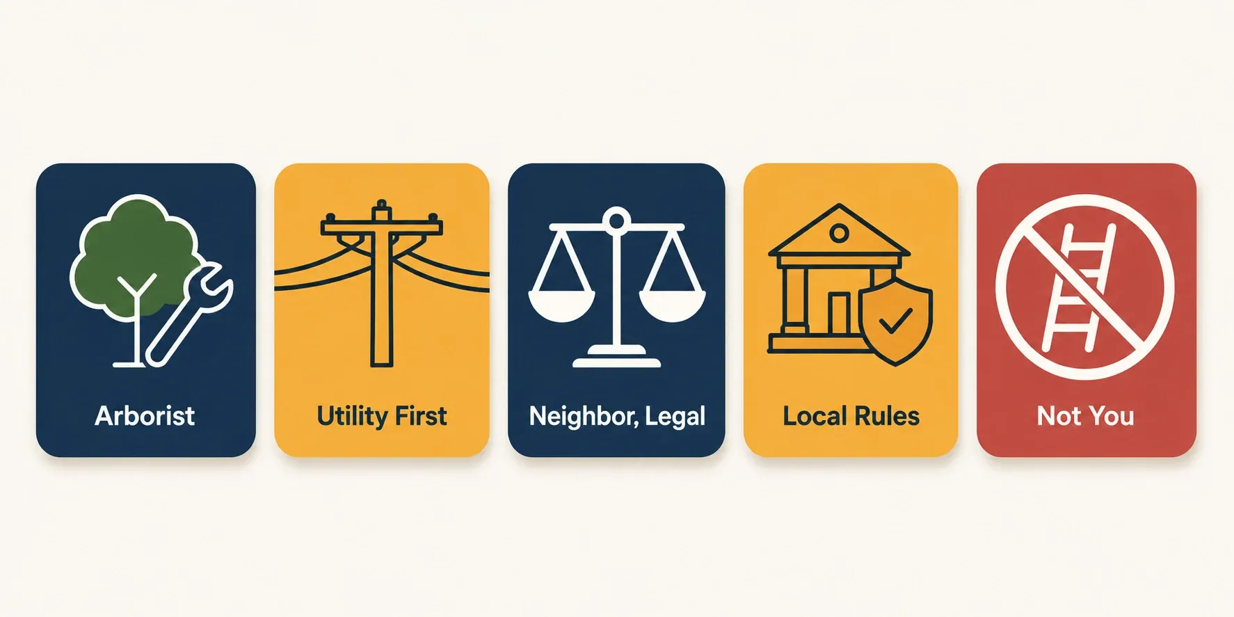Infographic showing five parties responsible for tree work near solar panels: an arborist, the utility, legal channels for neighbor disputes, local rules, and a warning against climbing to assess shade yourself.