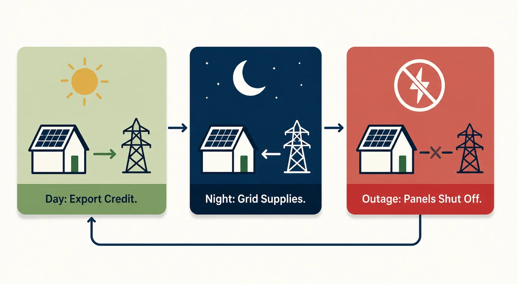 Infographic showing a solar system exporting power during the day, importing from the grid at night, and shutting off automatically during a power outage without a battery.