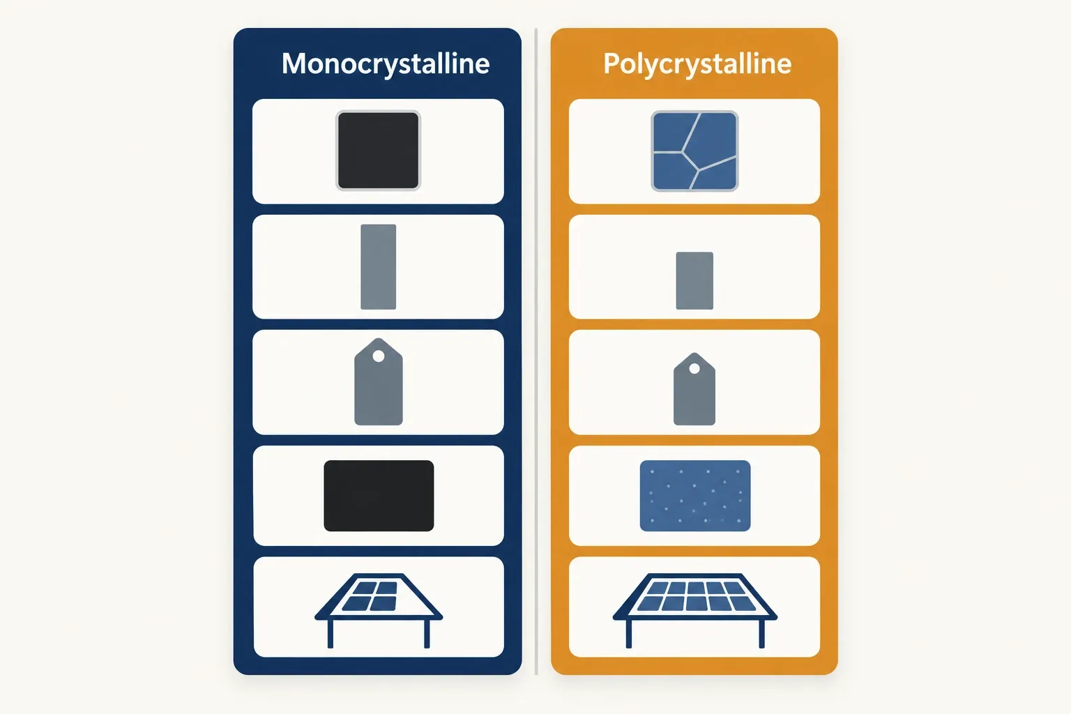 Comparison infographic of monocrystalline and polycrystalline solar panels across crystal structure, efficiency, cost, appearance, and the roof sizes each suited.