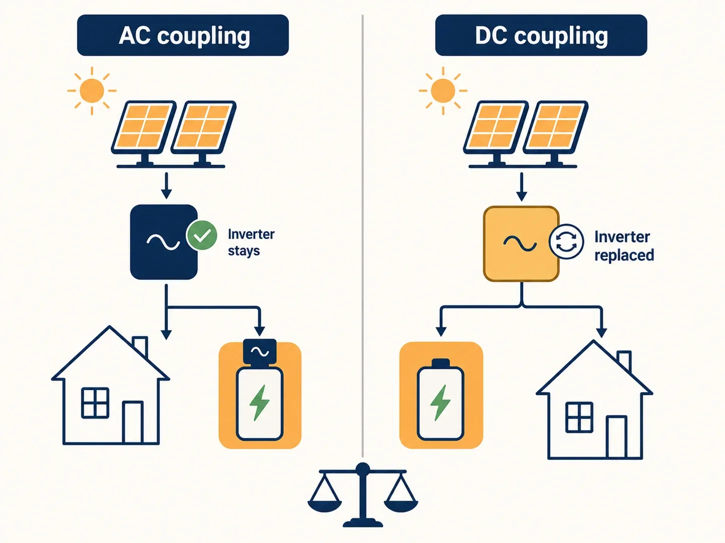 Diagram comparing AC coupling, where a battery with its own inverter connects after the existing solar inverter, with DC coupling, where one new inverter handles both panels and battery