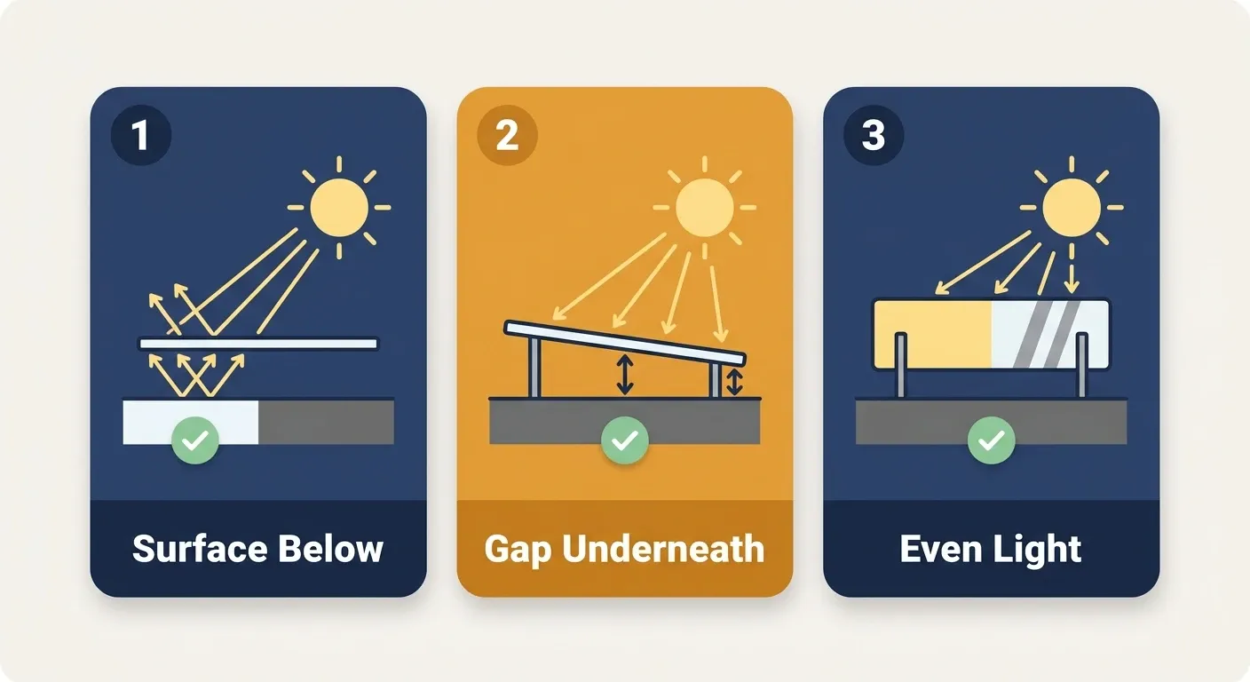 Infographic showing three factors that decide whether a bifacial panel’s back side helps