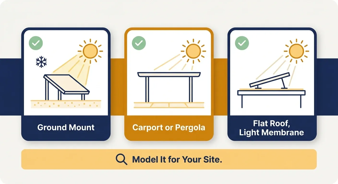 Infographic showing three home setups where bifacial panels can make sense: ground mounts, carports or pergolas, and flat roofs with light membranes