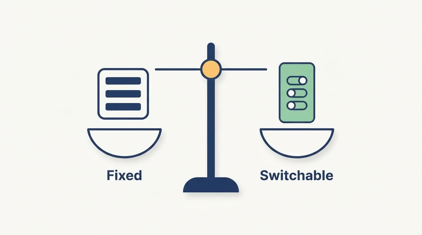 Infographic of a level balance scale weighing a fixed panel against a switchable one, with neither side favored.