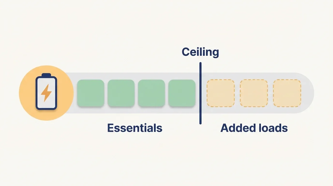 Infographic showing four essential-load blocks within a battery's ceiling line and three added-load blocks past it.