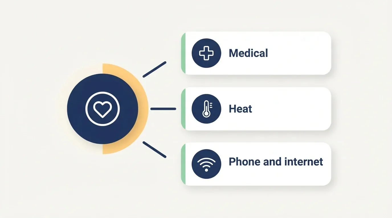 Infographic of a heart badge linked to three icons for medical devices, heat, and phone and internet.