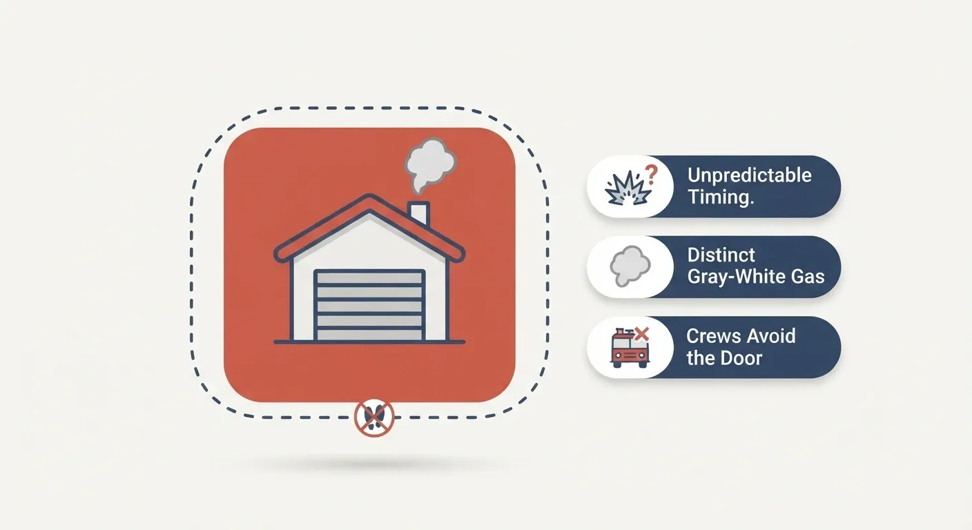 Infographic showing why fire crews treat home battery fires differently, unpredictable explosion timing, a distinct gray-white gas warning sign, and crews staying back from the garage door.