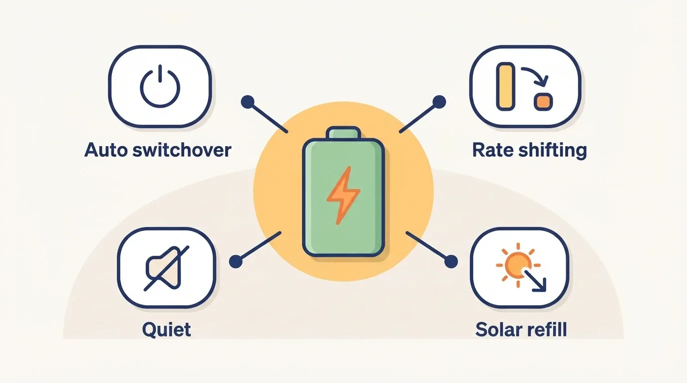 Infographic showing a home battery at the center with four benefits around it: automatic switchover, quiet operation, rate shifting, and solar recharging.