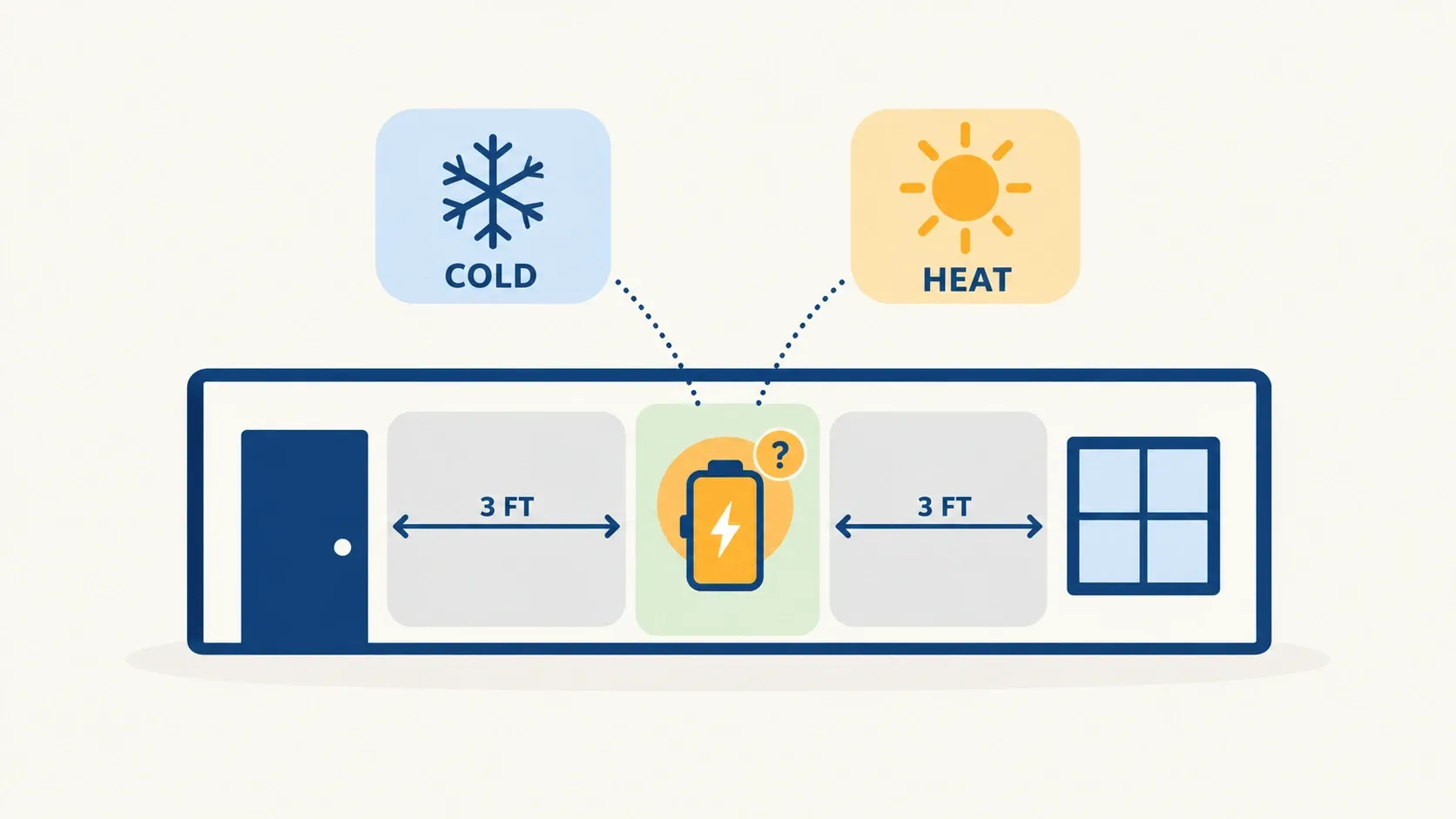 Infographic of an outside wall where 3 feet of clearance from a door and window leaves a narrow usable zone, with heat and cold flagged as warranty concerns.
