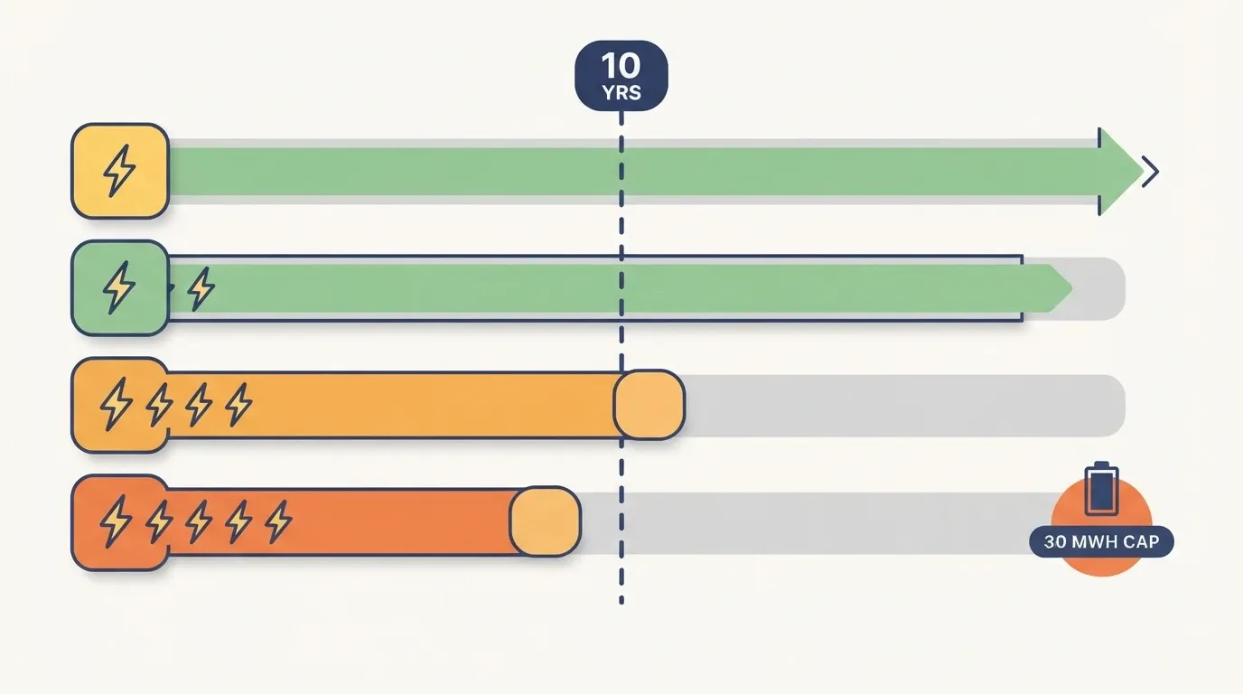 Infographic showing four usage levels against a 10-year line, where the two heaviest uses reach the 30 MWh cap before 10 years and the two lighter uses do not.