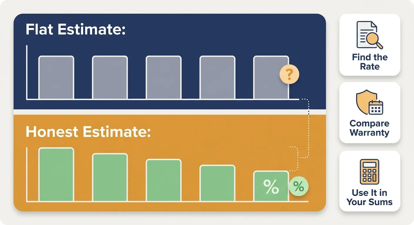 Infographic comparing a flat solar production estimate with one that declines each year, plus three checks