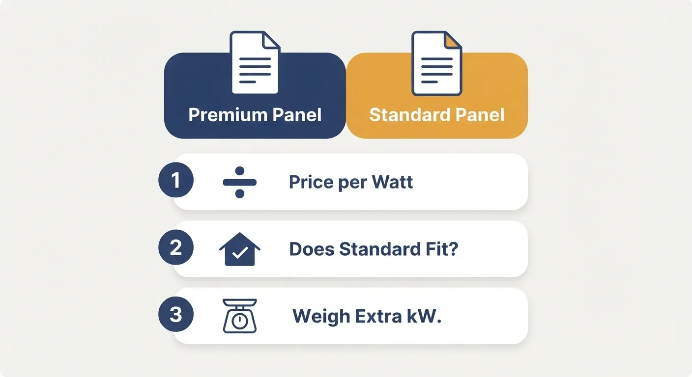 Infographic showing how to judge a solar panel efficiency premium: compare price per watt, check if the standard panel fits, then weigh the extra kilowatts.