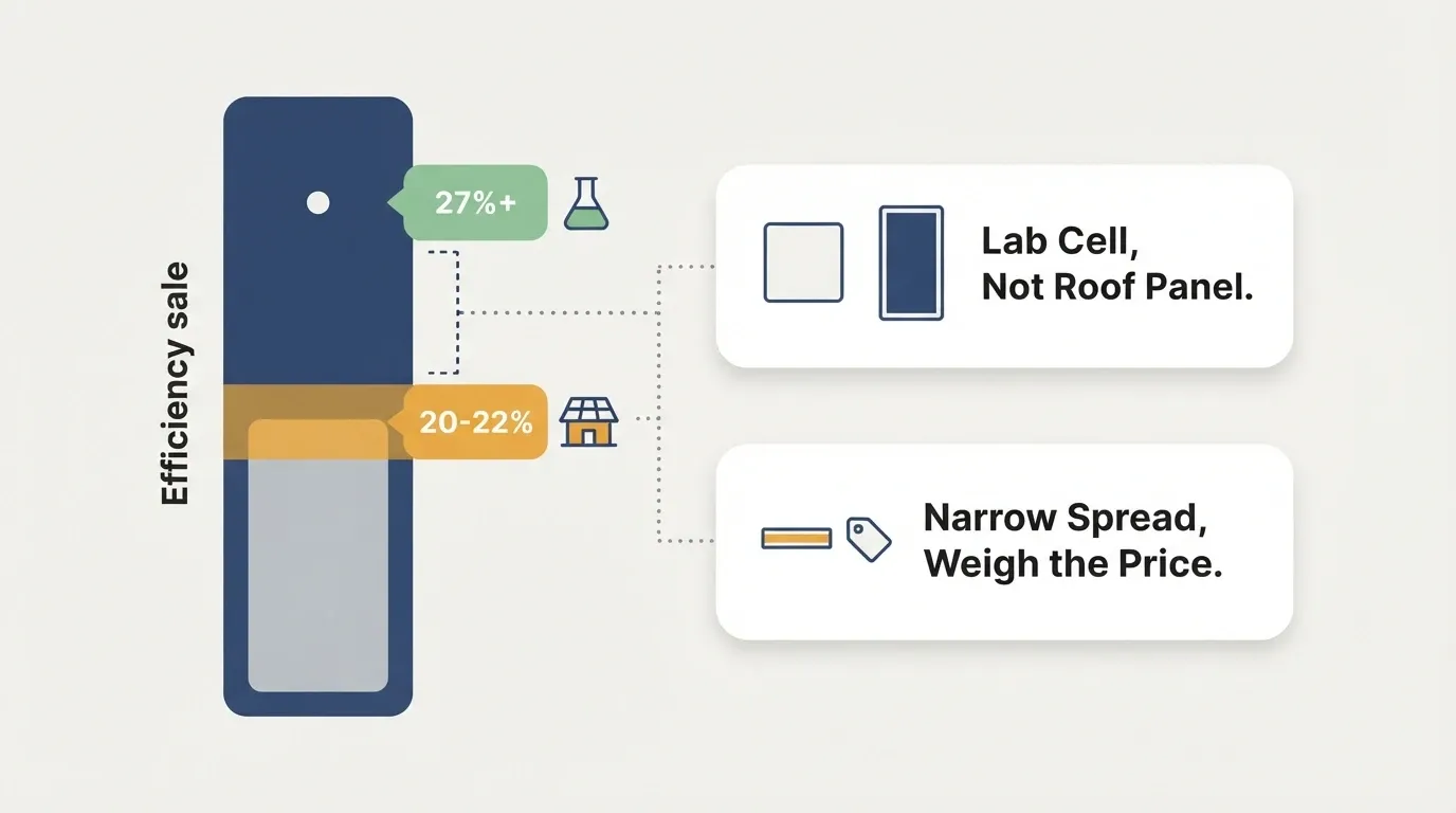 Infographic showing real-world solar panel efficiency at 20-22% against lab cells above 27%