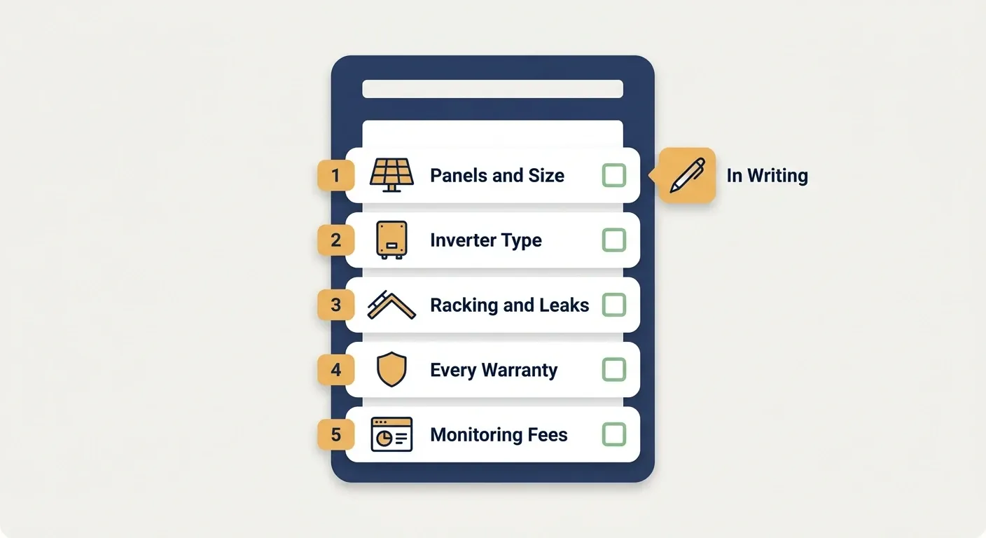 Checklist infographic showing five items to confirm in writing on a solar proposal