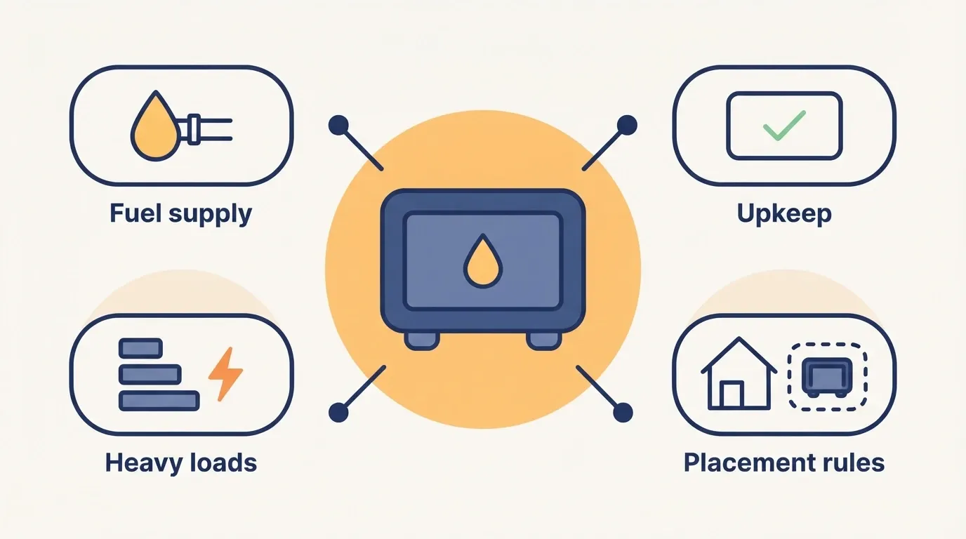 Infographic showing a standby generator at the center with four considerations around it: fuel supply, heavy loads, upkeep, and placement rules.
