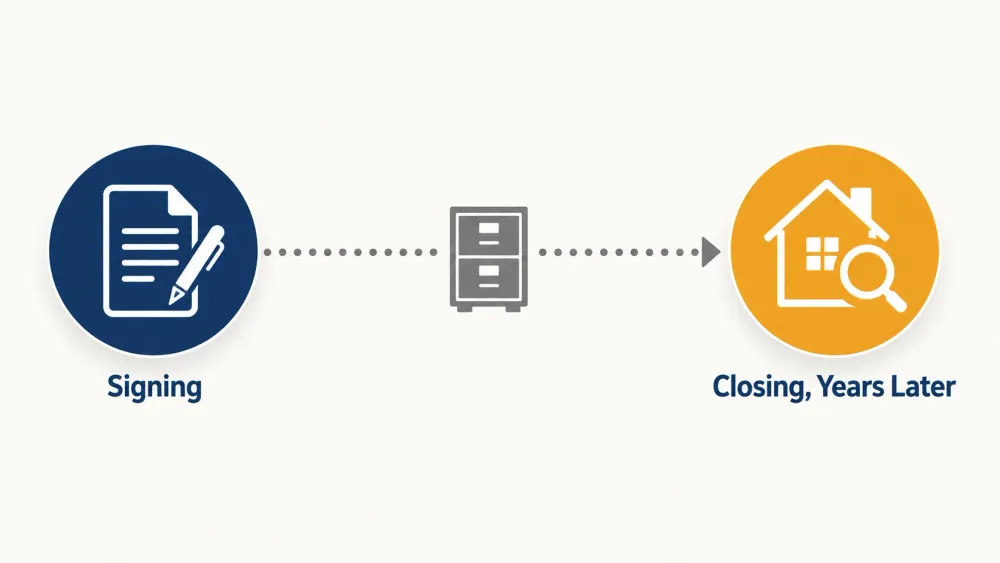 Timeline infographic showing a solar filing disclosed at signing and discovered years later at closing