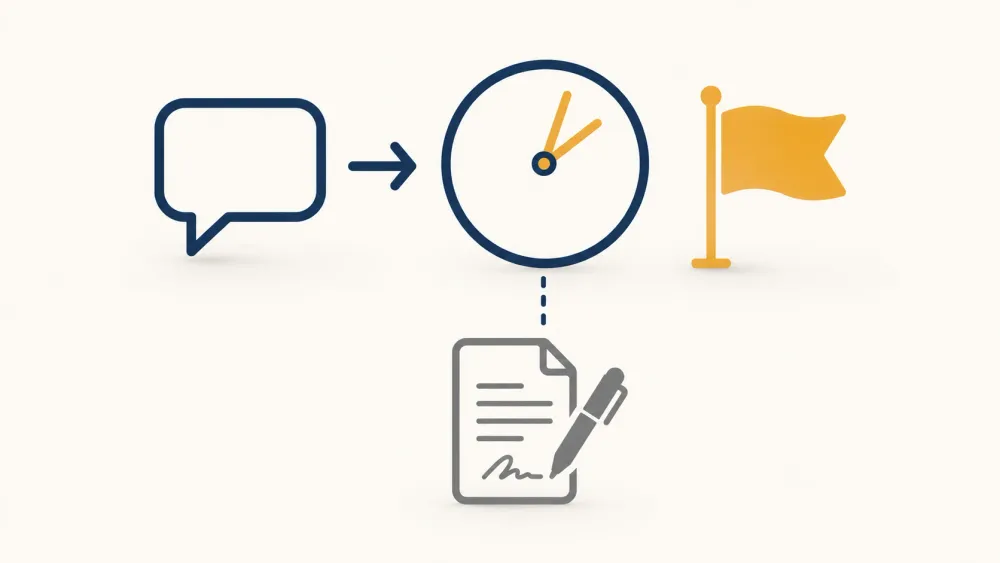 Illustration of a clock and contract connected by a dashed line, representing time pressure tactics in solar sales.