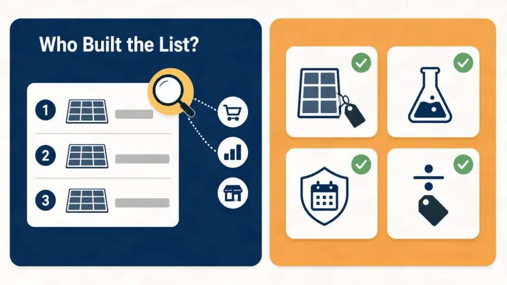 Infographic showing a solar panel ranking list with a magnifying glass revealing the sources behind it