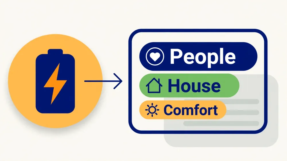 Infographic showing a home battery feeding a backup panel with three ranked tiers: people, house, and comfort.