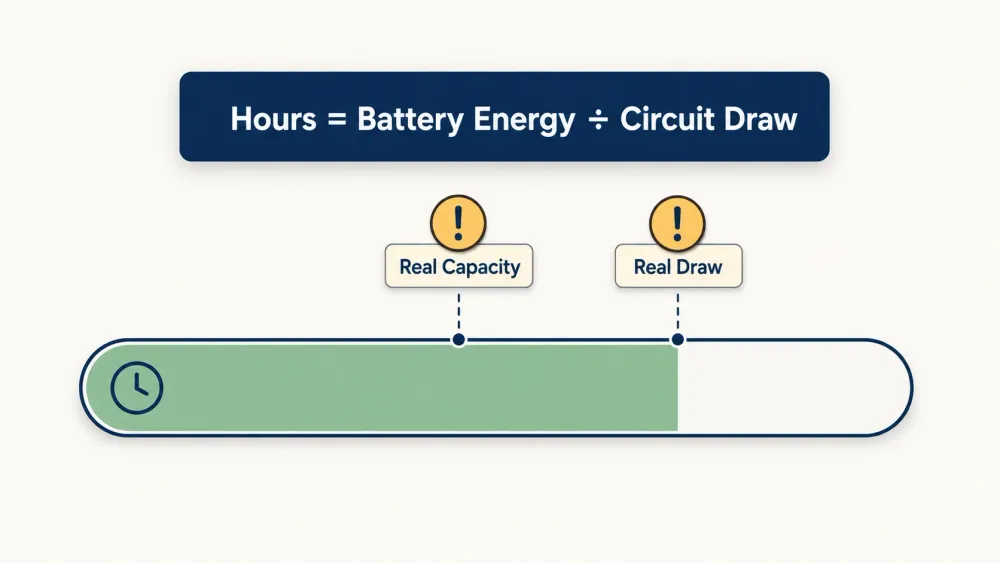 Infographic showing a formula for home battery outage hours, battery energy divided by circuit draw, with warning markers for real capacity and real power draw