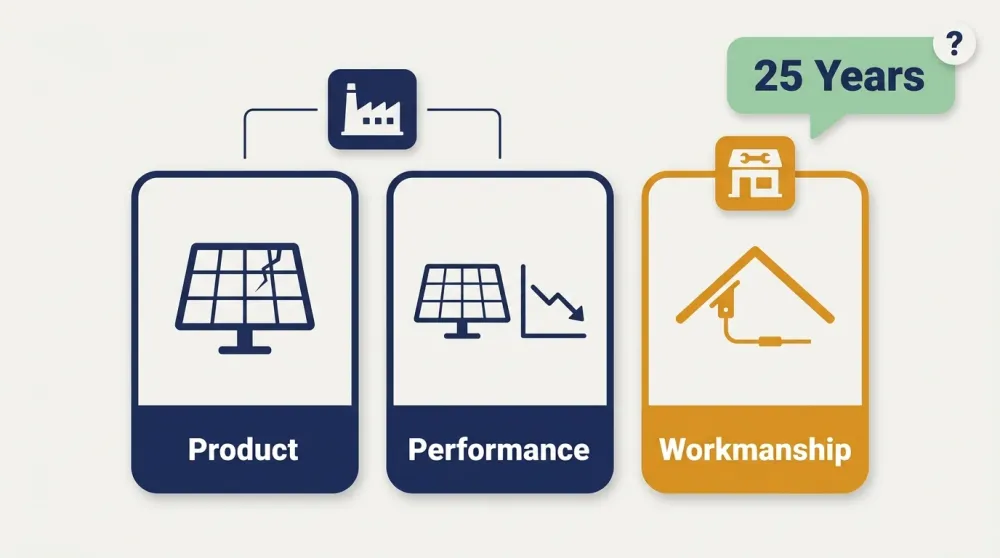 Infographic showing three solar warranty types, product and performance backed by the manufacturer and workmanship backed by the installer