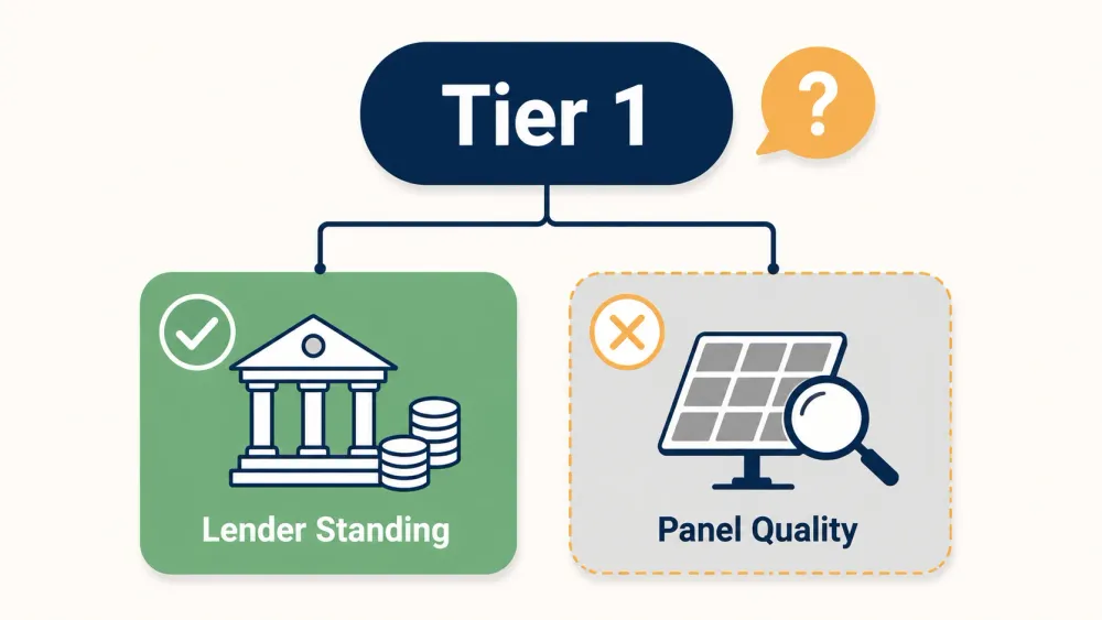 Infographic showing a Tier 1 badge splitting into lender standing, which it reflects, and panel quality, which it does not.