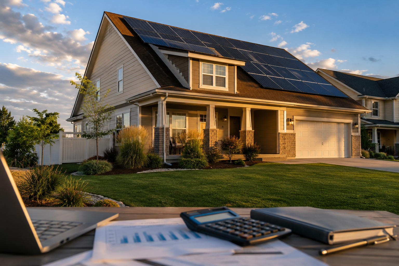A modern American suburban home with rooftop solar panels