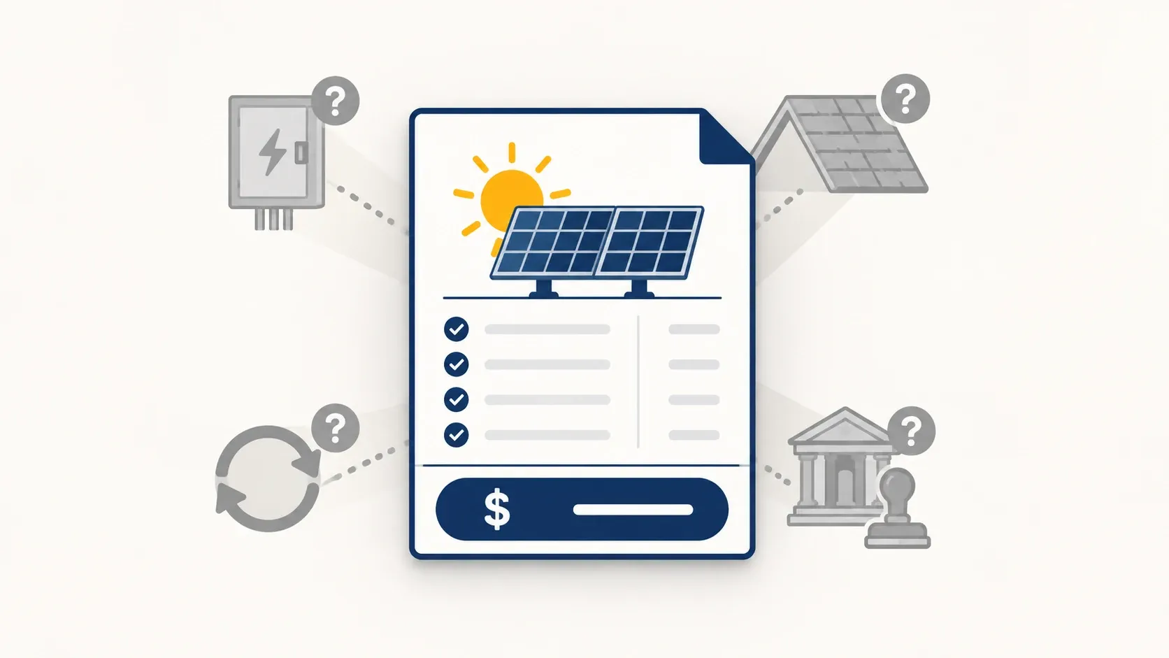 Illustration of a solar quote document with faded icons for electrical upgrades, roof work, permits, and recurring costs hidden behind it