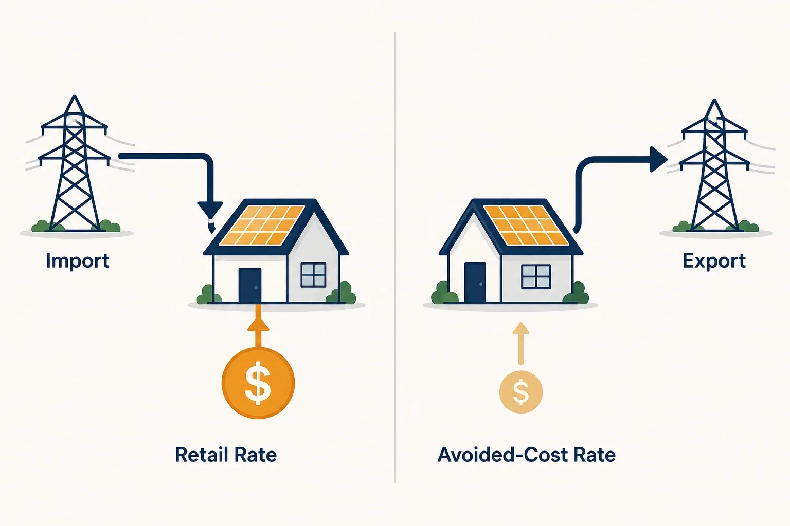 Diagram comparing California NEM 3.0 import vs. export electricity rates, showing exports credited below the retail rate homeowners pay